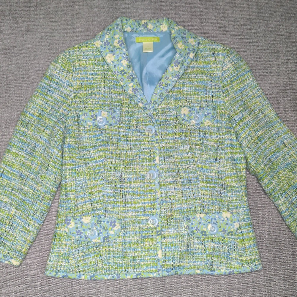 Vintage Sigrid Olsen Blue Green Tweed Floral Trim Blazer Jacket Size 6